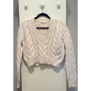 FRAME Women's Off White Cable Knit V-Neck Cropped Long Sleeve Sweater, Sz M.